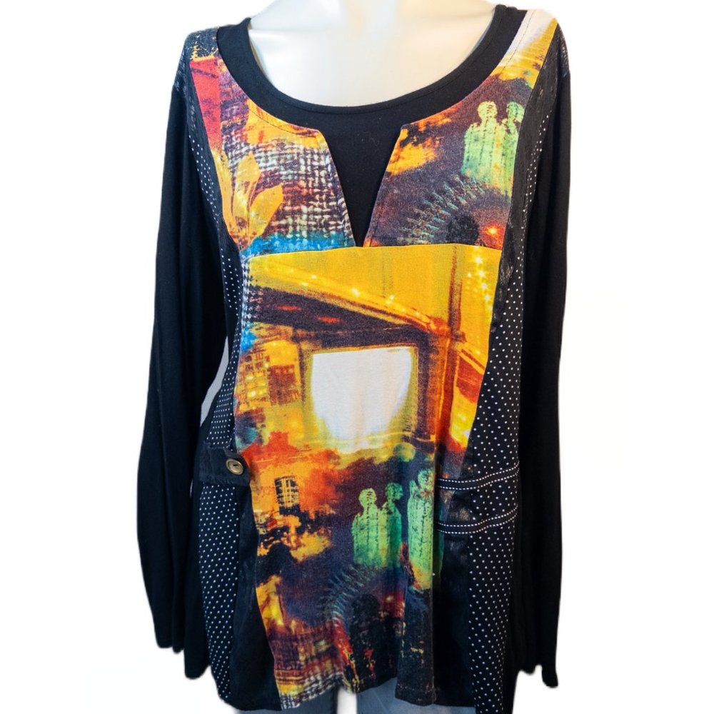 Michael Tyler Womens Large Tunic Black Artsy Cool Round Neck Long Sleeve Top